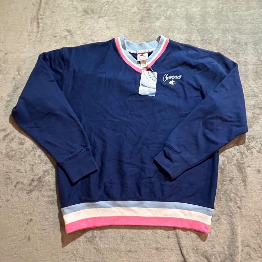 Champion Club Sport Striped V Neck Mens S Blue Depths Pullover CPM261TL18002
